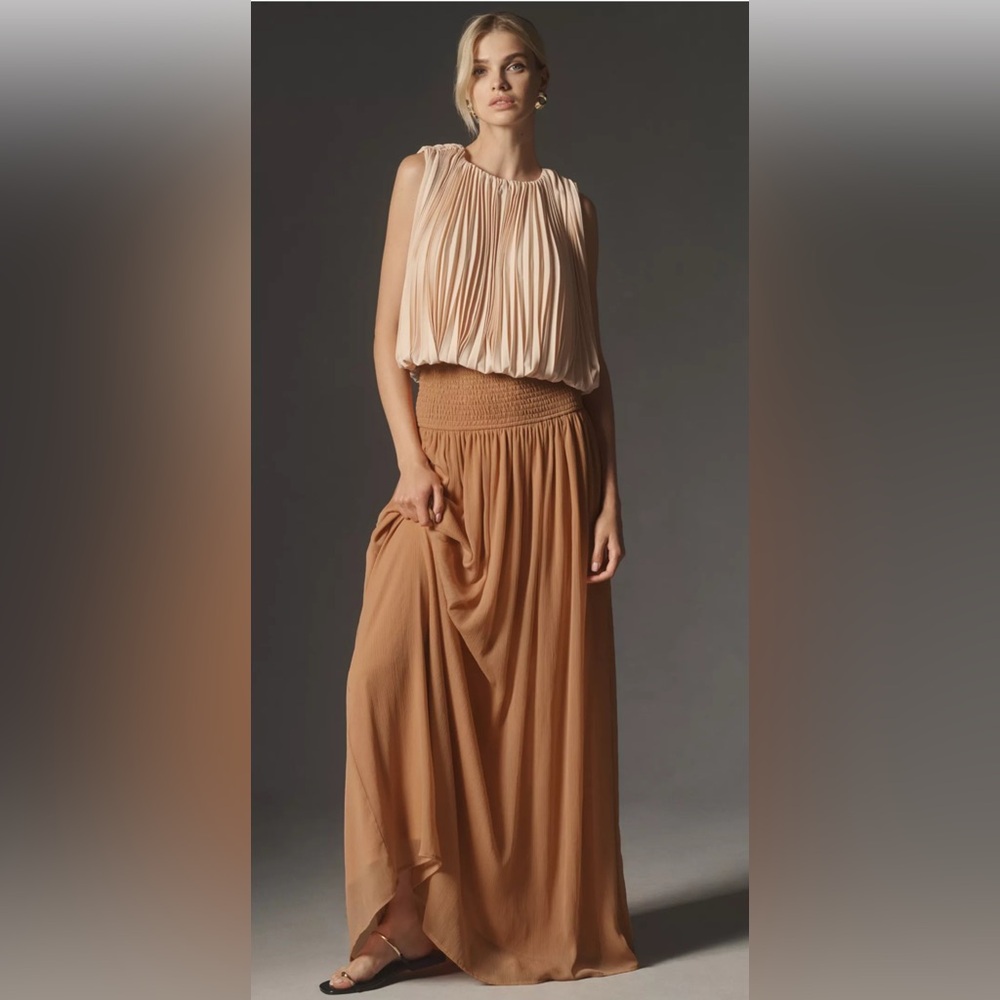 Anthropologie Two-Tone Pleated Maxi Skirt Dress in Beige and Camel